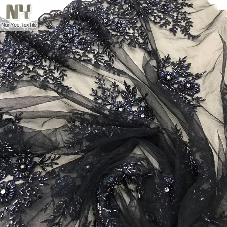 Nanyee Textile Stock Retail Hand Made Beads Sequin Embroidery Fabric For Wedding Bridal