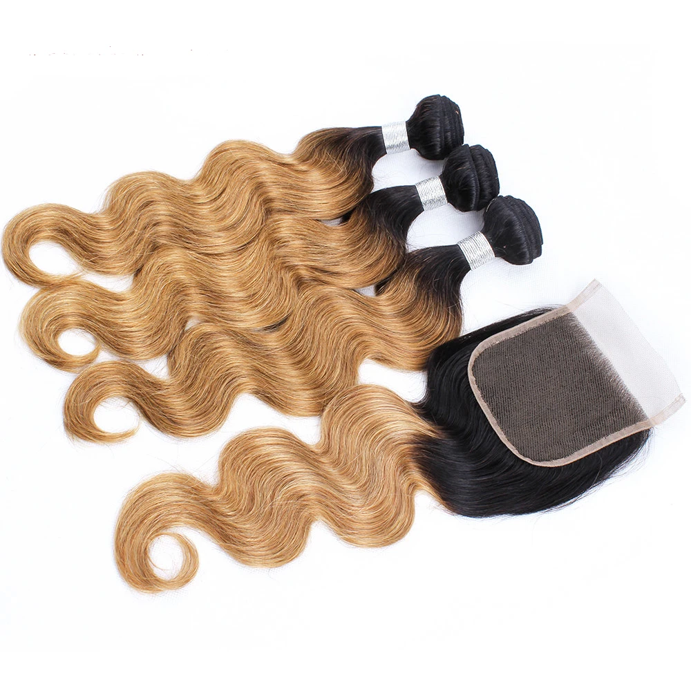 1B 27 Ombre Honey Blonde Bundles with Closure Remy Human Hair 3/4 Bundles with Lace Closure