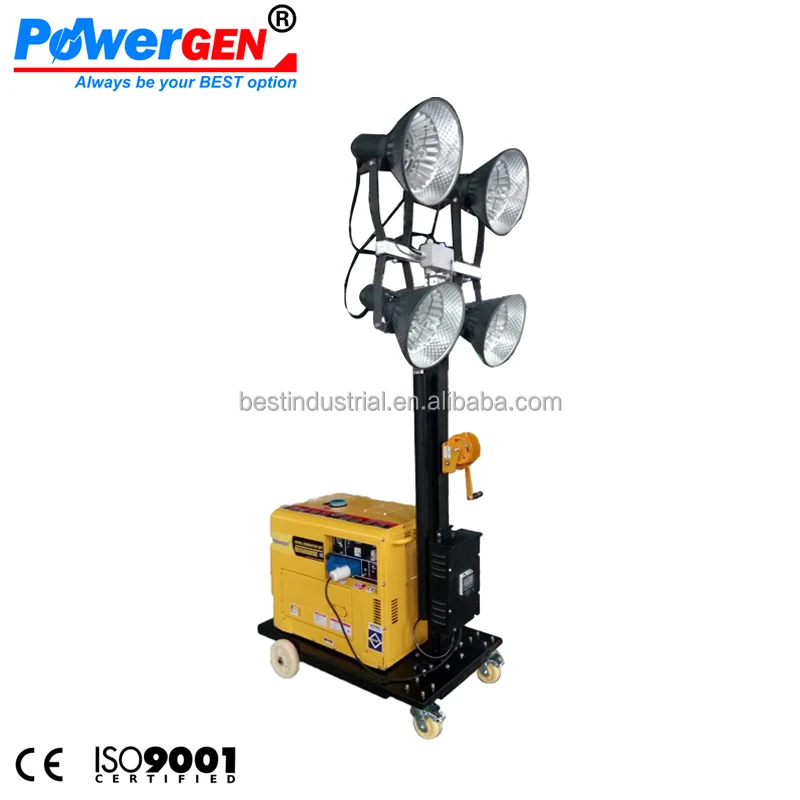 Cheapest Price !!! POWERGEN 50/60Hz Mobile Diesel Generator Tower 5KW 4.8m Metal Halide Lighting Portable Light Tower 4x250W