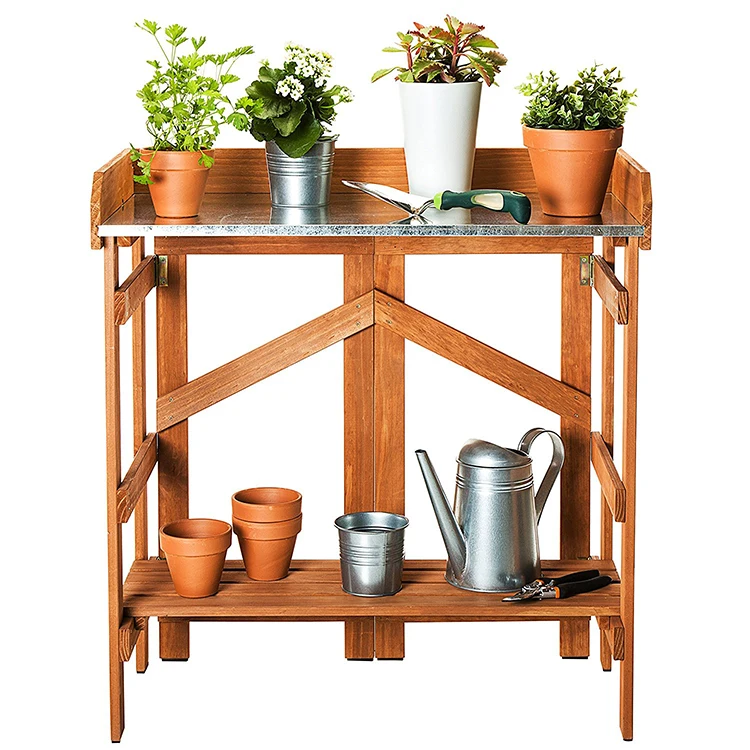 Wooden Potting Bench Indoor Outdoor Eco-friendly Garden Metal Tabletop Natural Color Garden Modern Staging Wooden Potting Bench