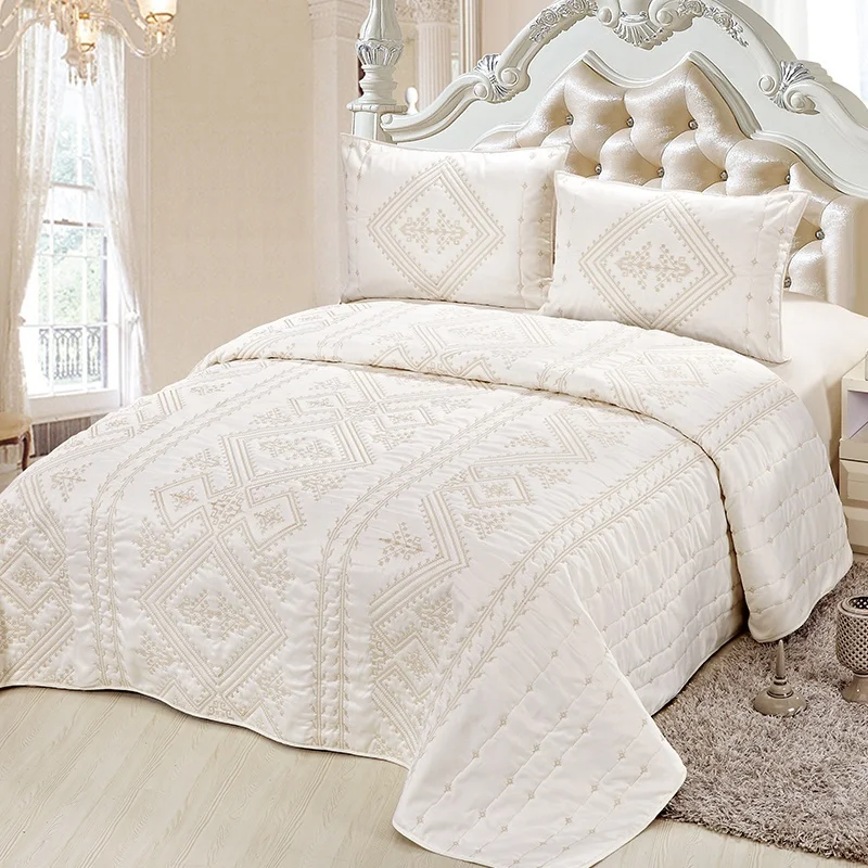 
Solid Color Embroidered Quilted Satin Bedspread 