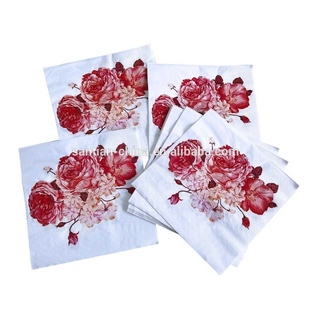 Wholesale Elegant Flower Printed Paper Napkins, Custom Cocktail Napkins & Serviettes For Wedding Decoration
