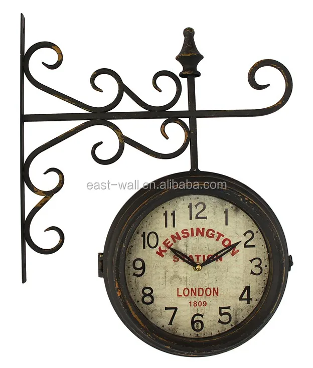 Round Wall Mount Station Clock Garden Retro Home Decor Metal Frame Glass Dial Cover Double Sided Wall Clock