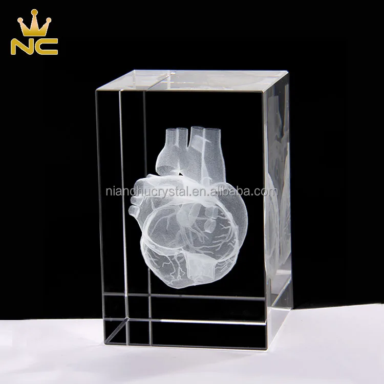 Heart Anatomy Model Design Cube Crystal 3D Laser Crystal Engraving With Detailed Visible Blood System