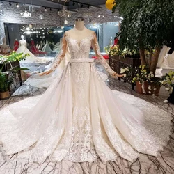 HTL132 long beaded sleeves vestidos de novia bride 2019 designs detachable train mermaid wedding dress bridal gown
