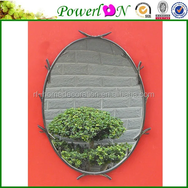 Wrought Iron Parabolic Concave Oriental Oval Metal Wall Mirror, Bevelled Mirror with edge of arborization for bathroom