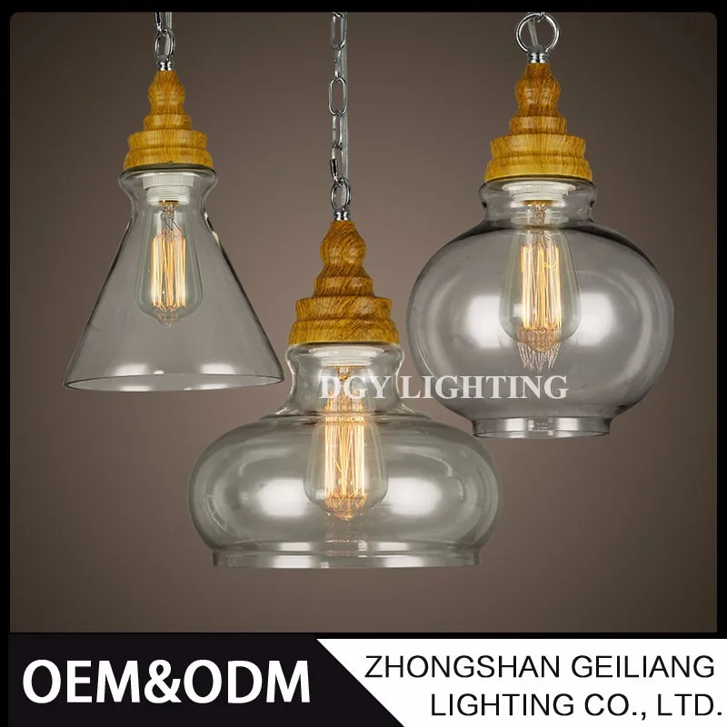 
factory wholesale living room wooden holder hanging light glass pendant lamp 