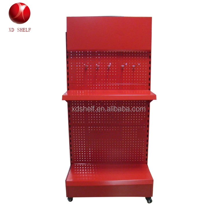 Silk printing Customize Logo Board Red Color Metal Pegboard display with wheels
