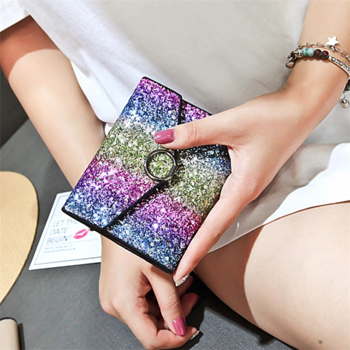 Wholesale korean fashion small short design girls women bling sequins glitter wallets for lady