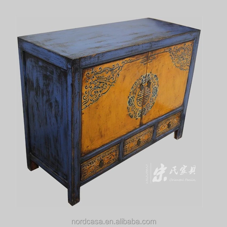 pine wood Mongolia Three Drawer Two Door cabinet