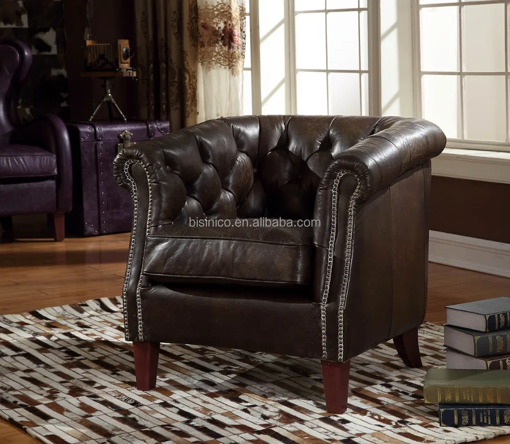 Vintage Italian Brown Leather Club Arm Chair With Nail Head/Cigar Leather Chair