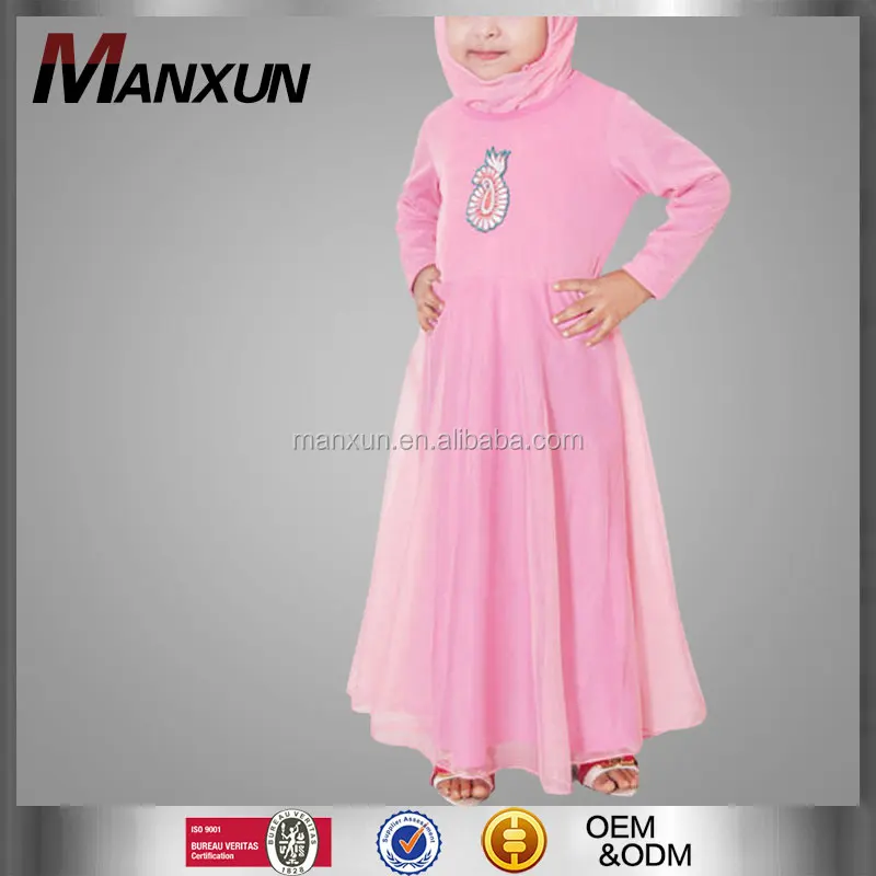 Confortable Models Kids /Children Little Girl Islamic Abaya Dress Kaftan Pink Embroidery For Middle East