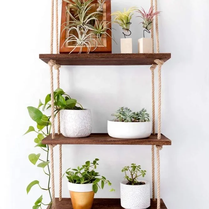 Wood Hanging Shelf Wall Swing Storage Shelves Jute Rope Organizer Rack, 3 Tier