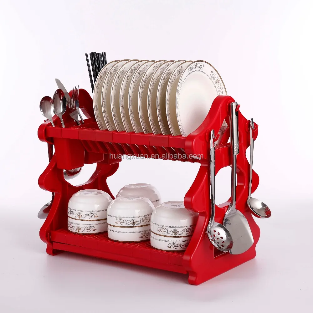 Good quality Colored Folding Hanging Drying Dish Rack Plate Storage Kitchen Rack 2 Tier Plastic Dish Rack With Tray