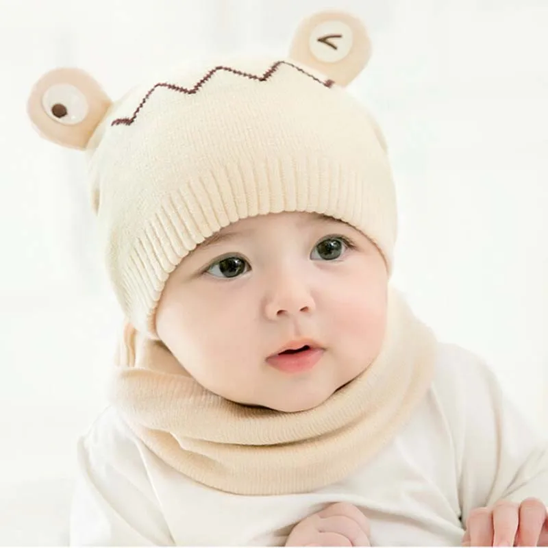 Fashion Warm Knitted Soft Winter New Born Cute Bear Toddlers Beanie Baby Hat And Scarf