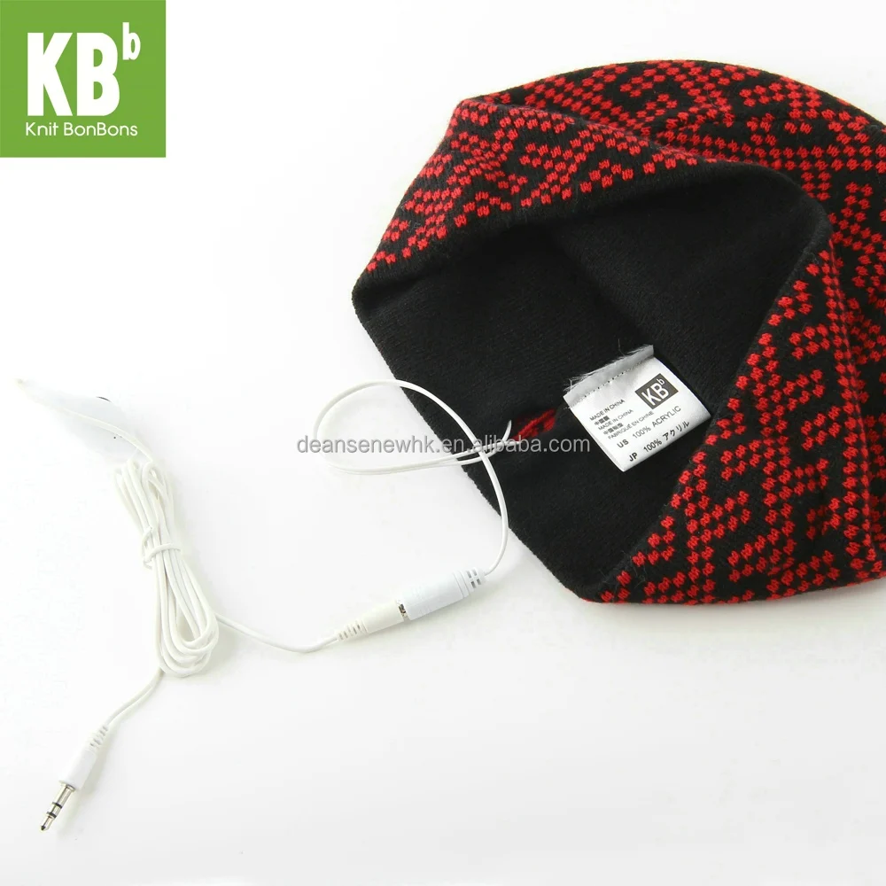 New Customize Handmade 100% Acrylic Geometric Thick Fall Winter Warm Unisex Teen Red Knit wired headphone Music Beanie Hat