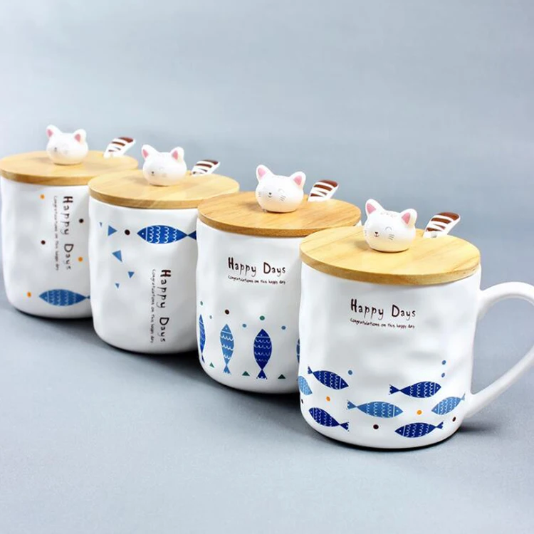 Japanese Styles Creative Cute Cat and Fish Cartoon Ceramic Mugs Breakfast Milk Cup With Spoon and Cover for Girls Gift