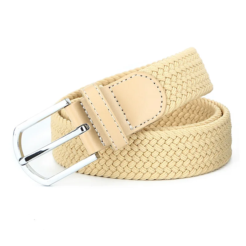 Unisex Canvas alloy buckle  Woven Men Elastic Stretch Waist Belt with  genuine leather end