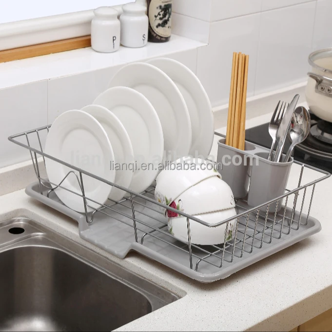 Stainless Steel kitchen plate storage dish drying rack with plastic salver
