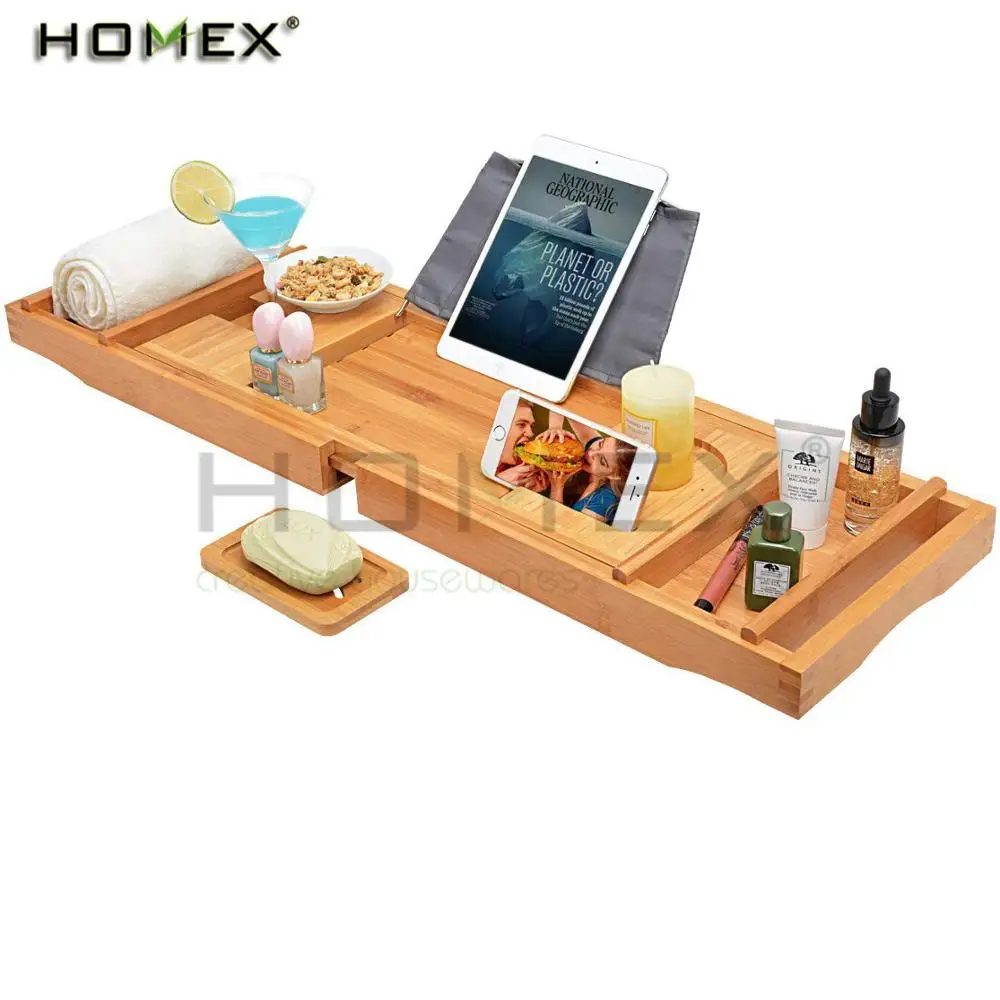 Bamboo Adjustable Bathtub Caddy Organizer Tray for Bathroom Luxury Spa or Reading/Homex_BSCI Factory