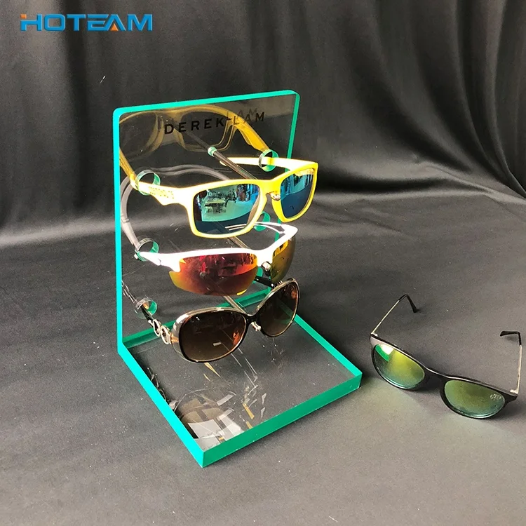 Cheap Clear 3 Pairs Acrylic Free Standing Eyewear Display Rack Perspex Sunglass Display Stand with Green Edge Factory Custom