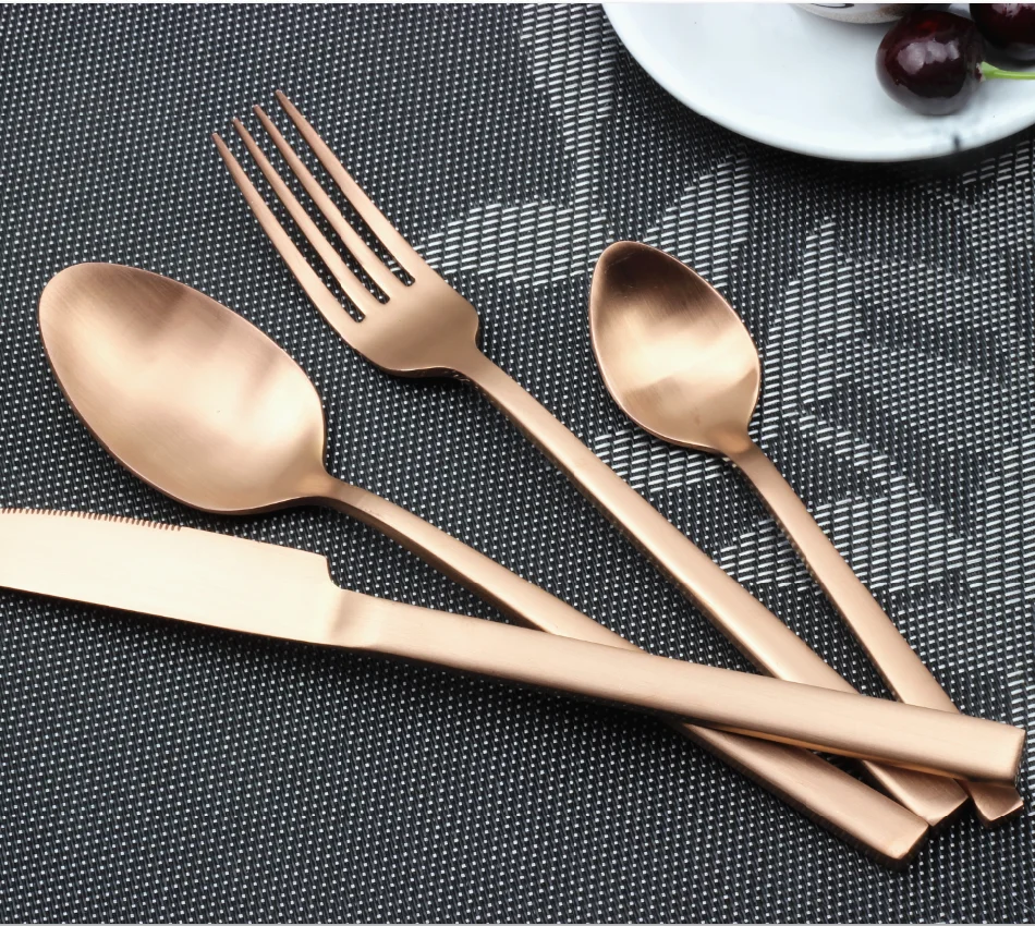 New Style Square Handle Stainless Steel Matte Rose Gold Cutlery, Matte Copper Silverware Set for Hotel