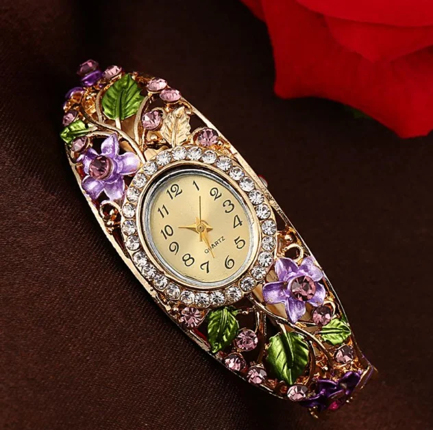 
Bangle Watches Gold Plated Wrist Watch Crystal Flower Women Bracelet Dress Quartz Movt 