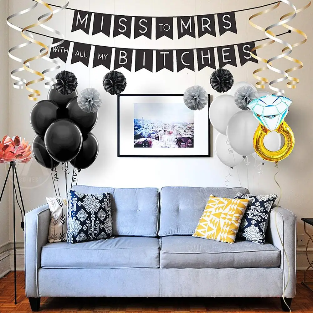 
Bachelorette Party Decorations Set Engagement Bridal Shower Supplies Kit Miss to Mrs Banner Swirls paper Pom Poms black gold 