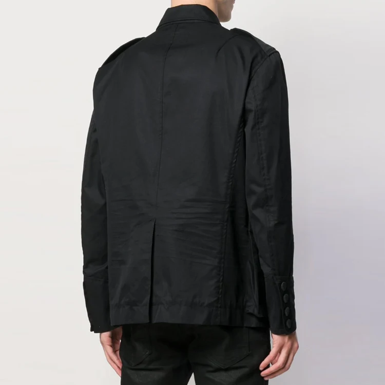 Black D - Shaped Military Style Jacket Concealed Front Opening and Closing for Men