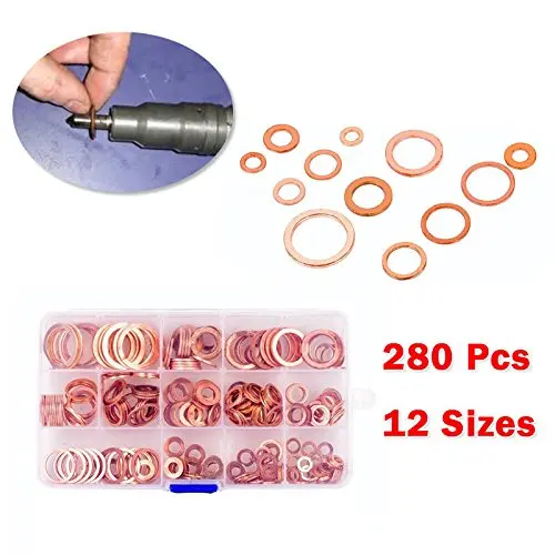 280PCS 12 Sizes Solid Copper Crush Washers Seal Flat Ring Set with Box Universal