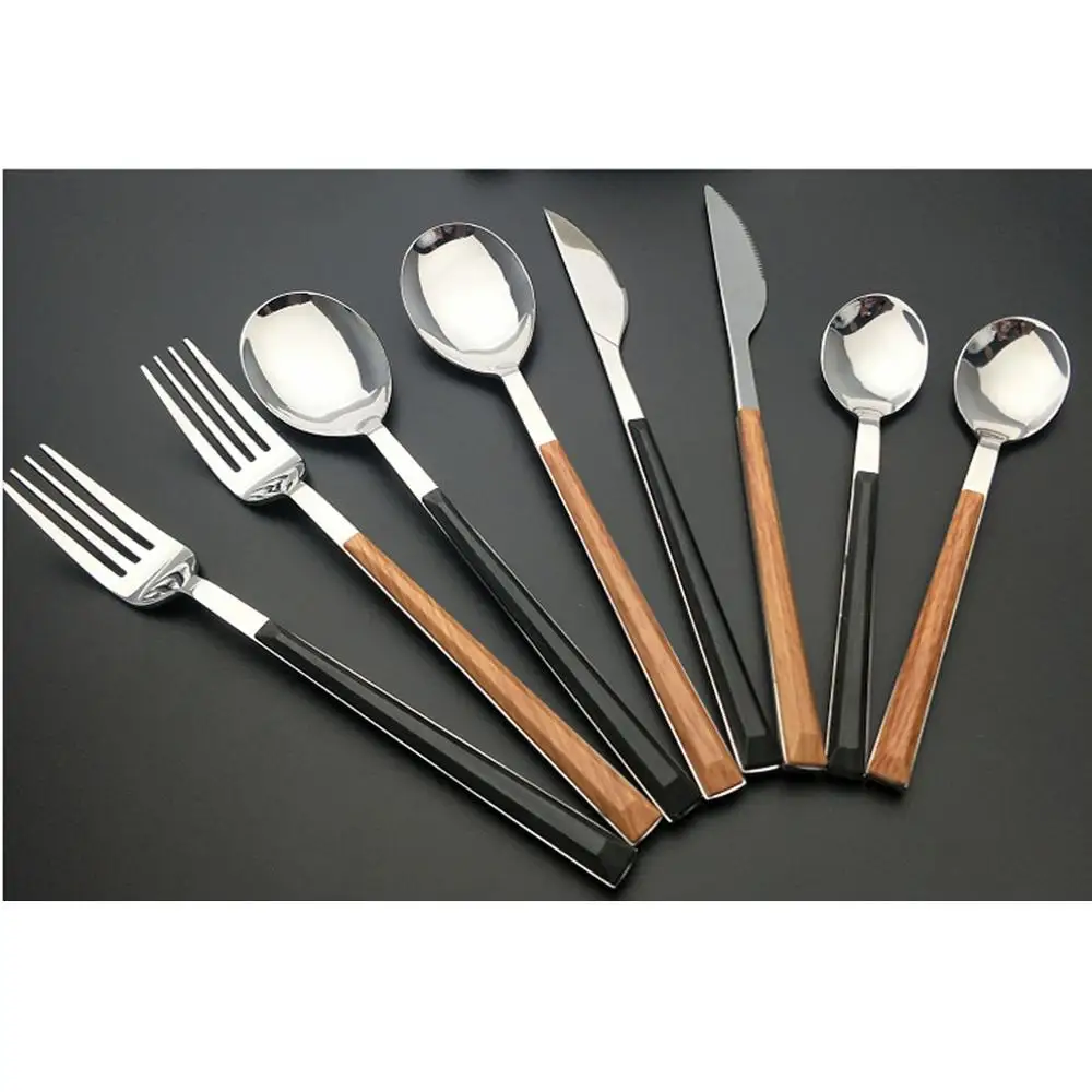 High Quality wood grain stainless steel tableware western flatware cutlery set