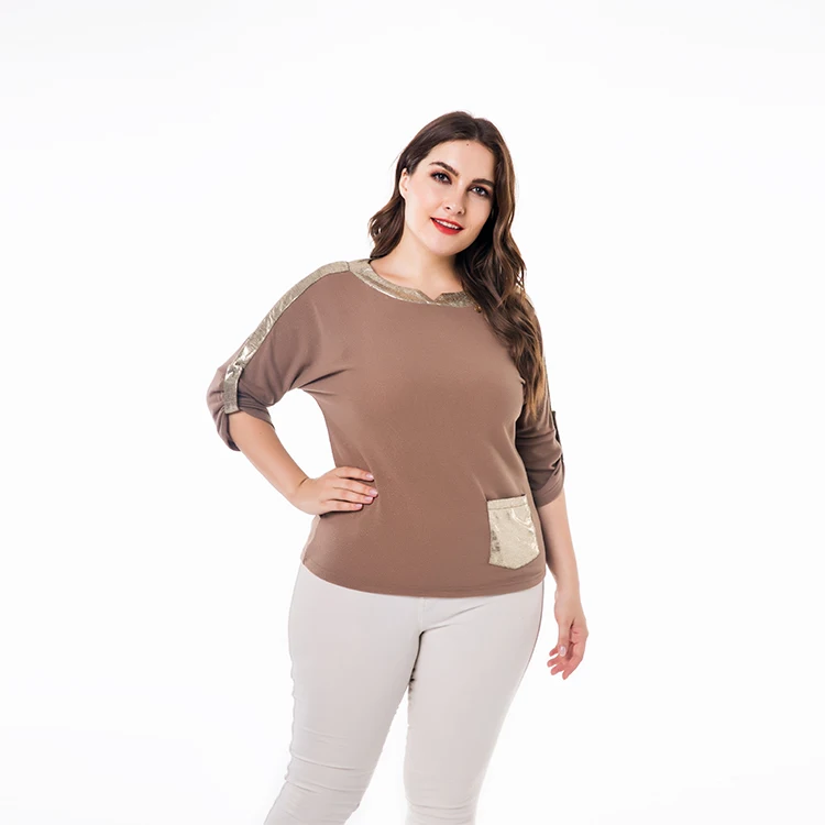 Wholesale European and American plus sizes clothing with circular collar gilt button belt knitted T-shirt top for women.