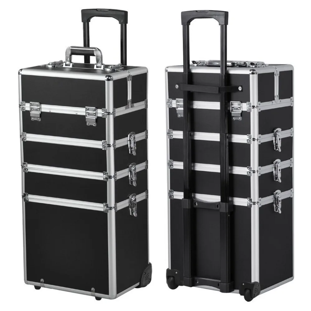 aluminum hard jewelry box hair stylist train case rolling cosmetic trolley