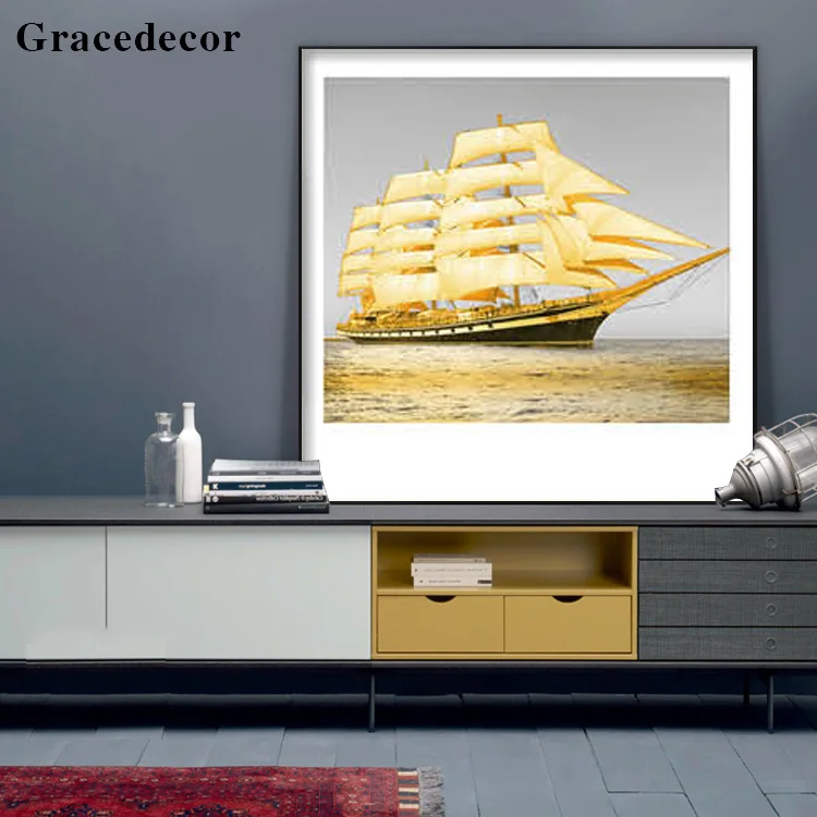 Gold Crystal Luxury Ship And Sea Painting Sail Ship Art Painting
