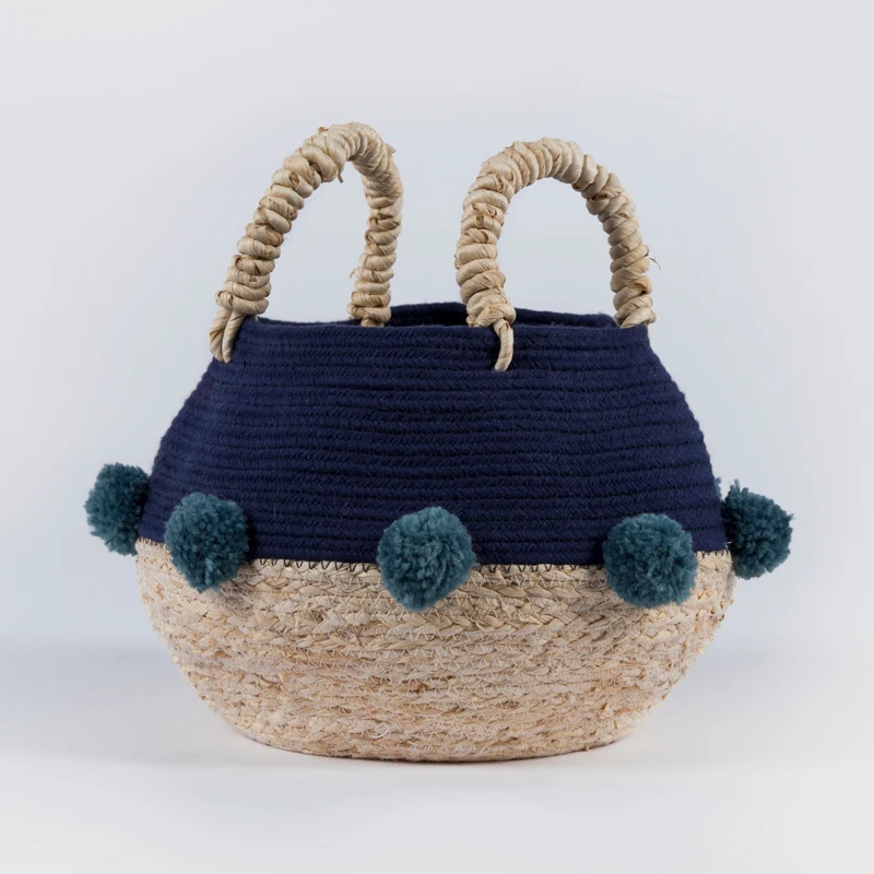 Rope Baskets Handmade Woven Pompom Large Foldable Straw Seagrass Belly Laundry Storage Cotton Household as Photo
