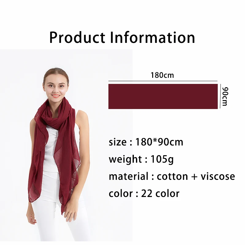 Summer Islamic Scarves Solid Color Lightweight Shawls Maxi Hijab Women Plain Cotton Scarf Hijabs