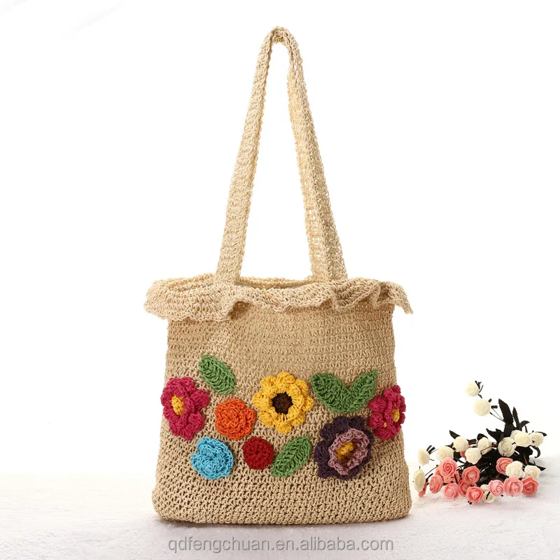 China paper straw crochet beautiful flowers handwoven ladies fashion handbags