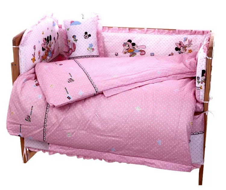 Promotion 7pcs Mickey Mouse baby bedding cot 4bumper 100 cotton Crib Sheet kit berco 4bumper duvet