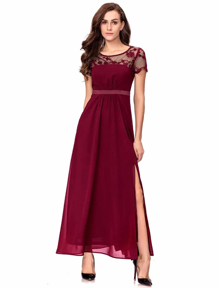 Clothing Manufacturer Ladies Floral Sheer Mesh Elegant Split Side Formal Party Dress