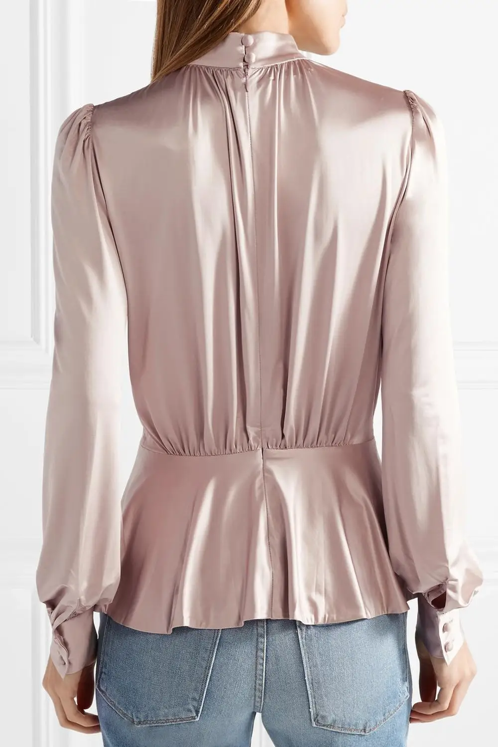 Office lady pink long sleeve silk satin ruffled women blouse