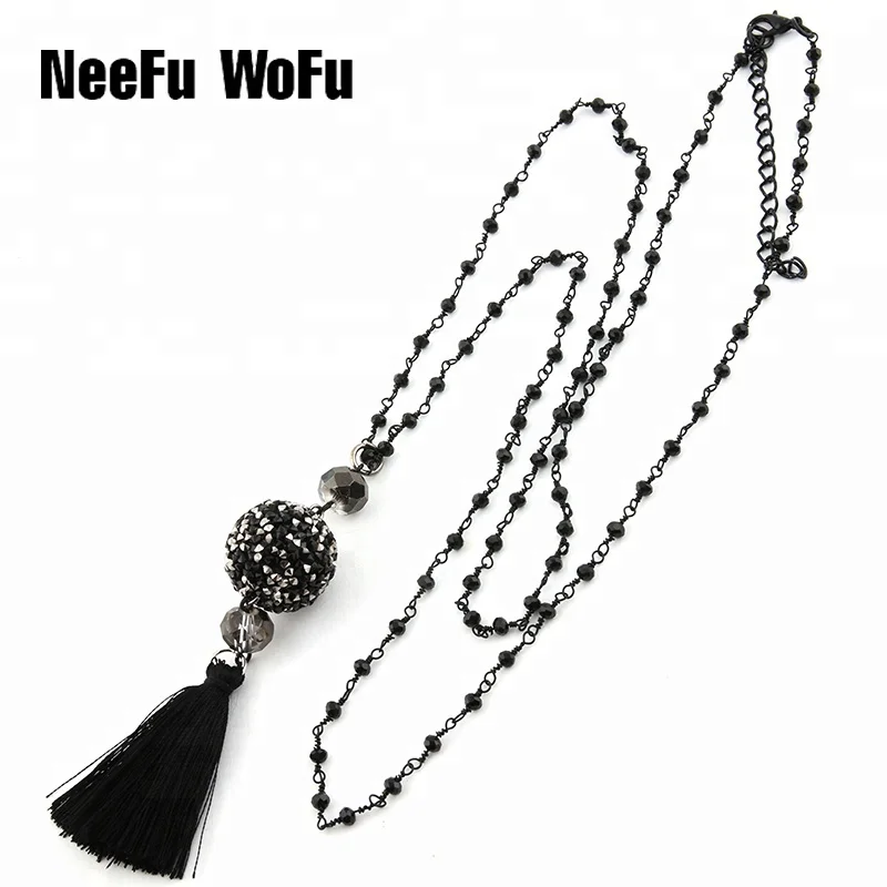 
NeeFu WoFu Pendant Necklaces Big 20mm Rhinestone Ball Necklace Handmade 2mm Black Crystal Wrapped Beaded Bohemian Tassel Long Ne 