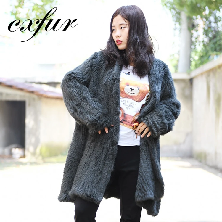 CX-G-A-139B Women European Style Long Hand Knitted Rabbit Fur Coat