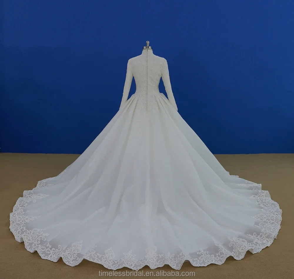 Beautiful long sleeves lace bridal dress ball gown muslim wedding dress