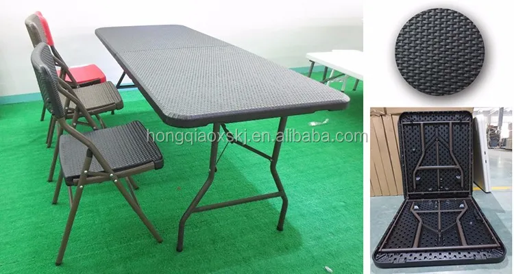 6FT rectangular plastic outdoor folding table,wooden style top folding in half table