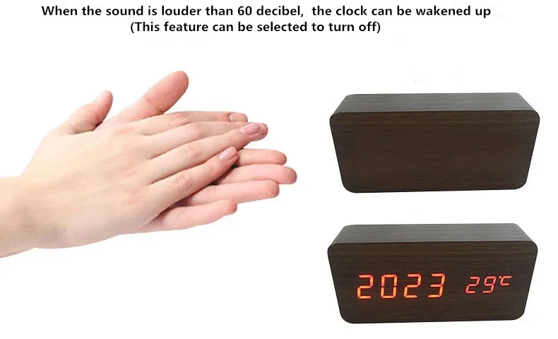 
Display Time Temperature LED Digital Desk Clock Voice Control Wooden Alarm Clock 