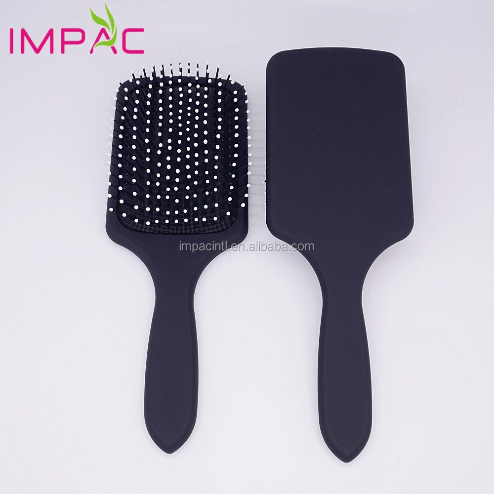 Top grade plastic matte black large paddle hair brush with soft touch handle