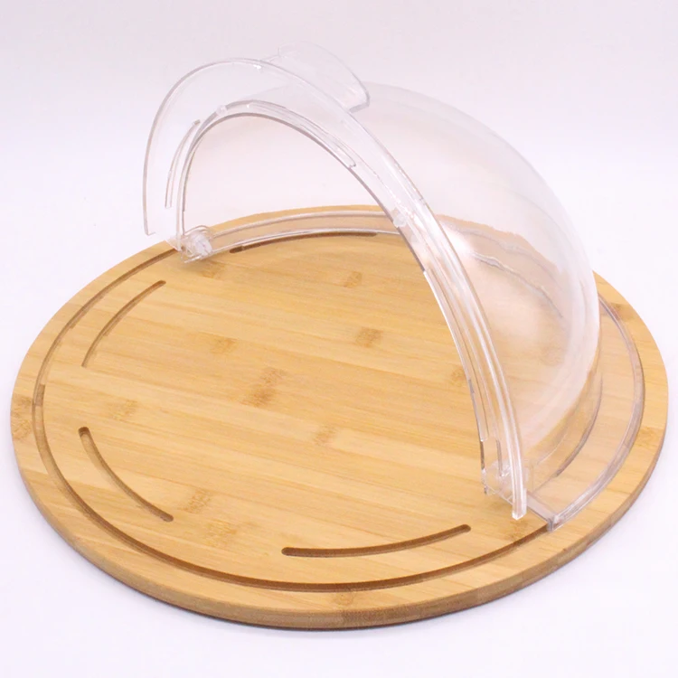 High Quality Bamboo Wood Round Shape Serving Tray Restaurant bread display wooden tray with transparent lid