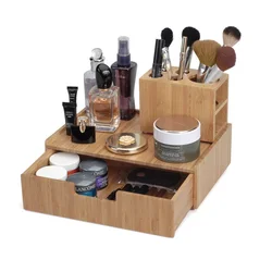 Natural Bamboo Wood Makeup Drawer Organizer Tray Storage Box, Break Resistant Display Case and drawer