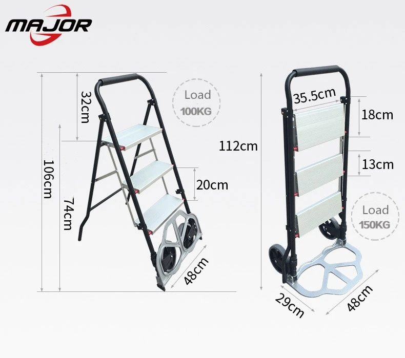 2-in-1 Aluminum Folding Portable Cart 3 Step Ladder Hand Truck Stool Ladder 330Lbs Heavy Duty Portable Cart with Two Wheels