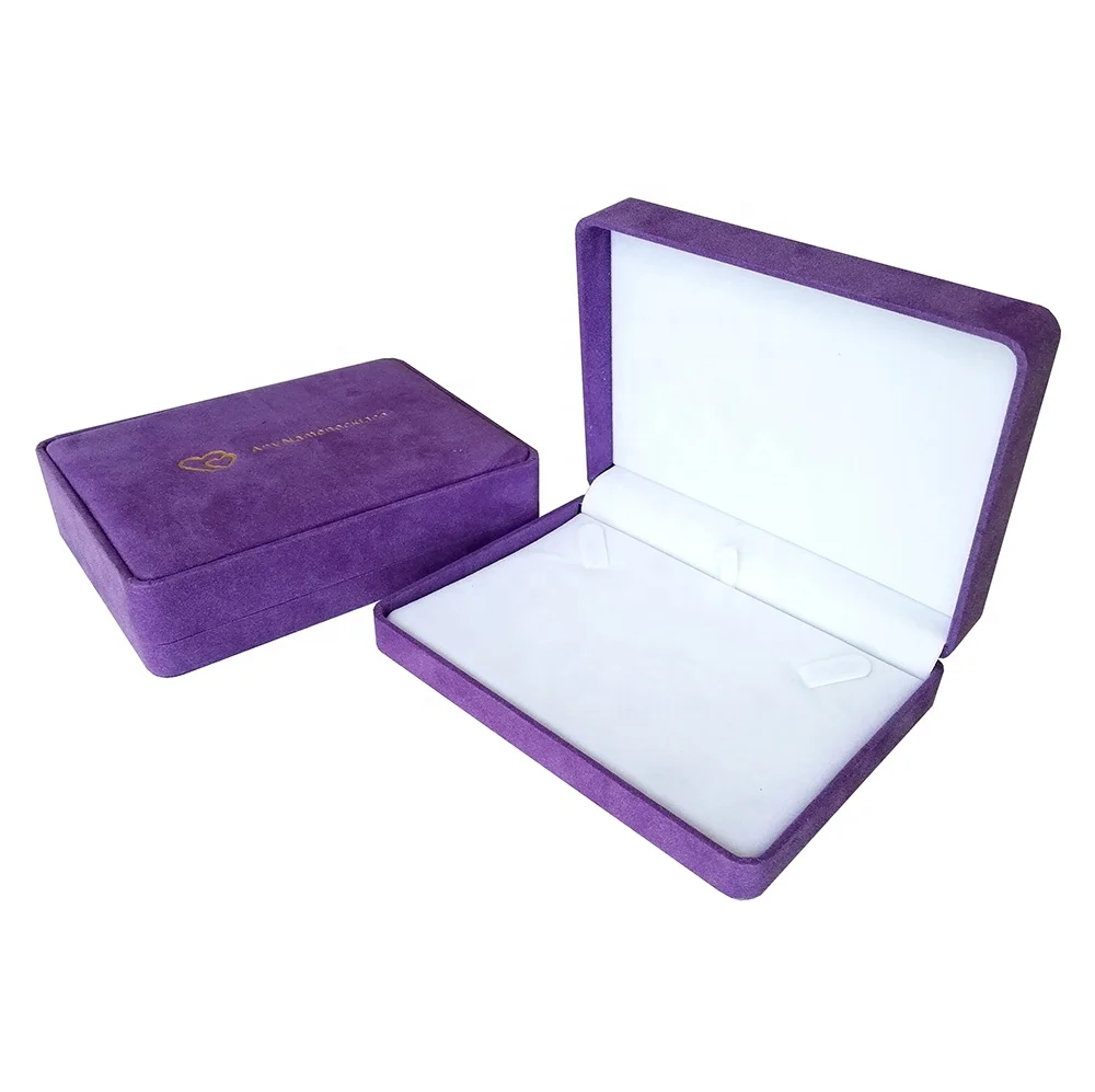Purple velvet necklace handmade box with hot foil gold logo
